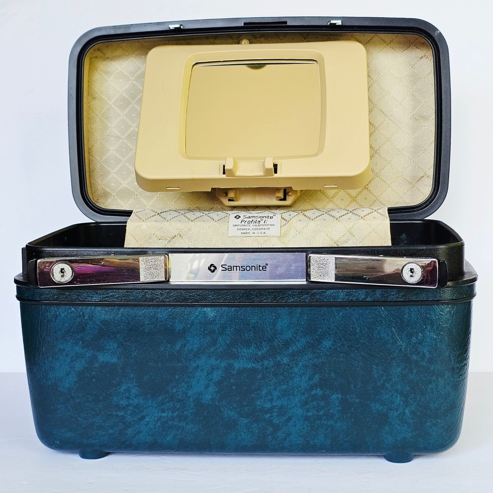 Vintage Samsonite Profile II Train Case Teal Marbled Hard Shell Makeup Vanity